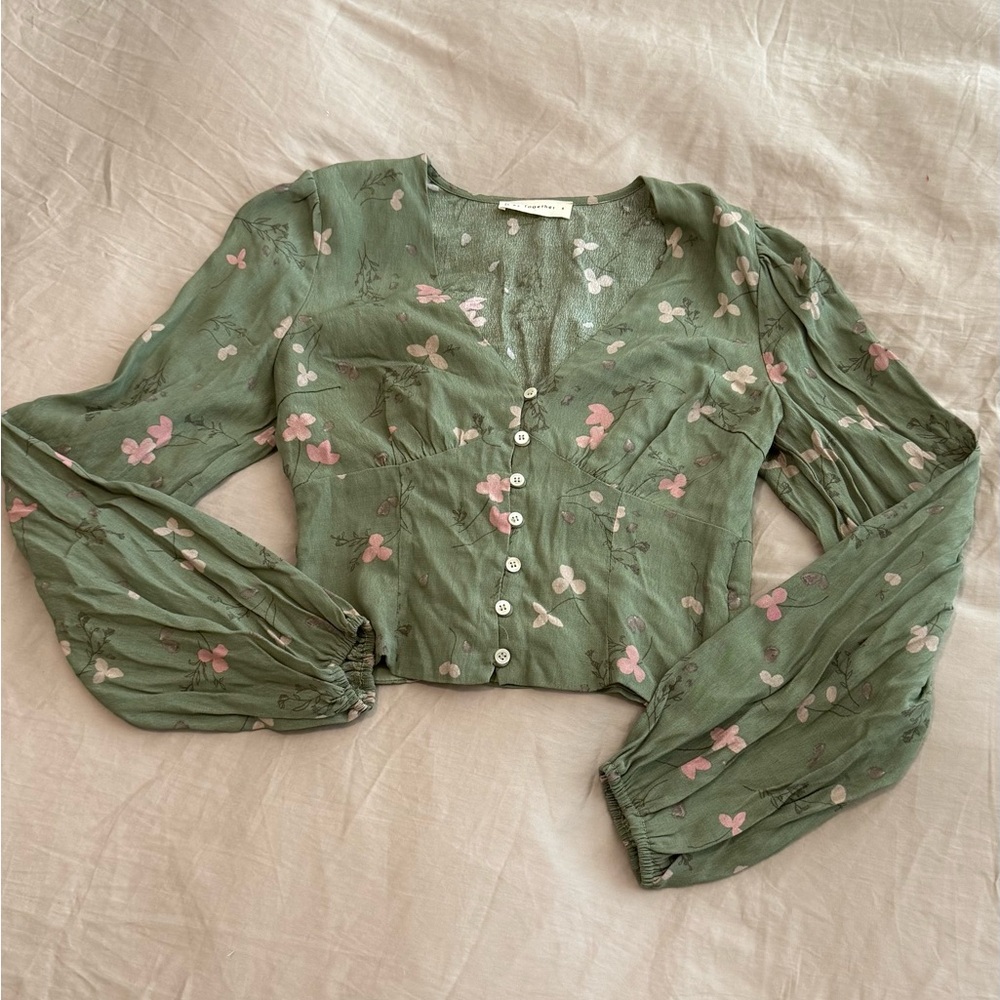 Floral Green Blouse with Pink Accents
